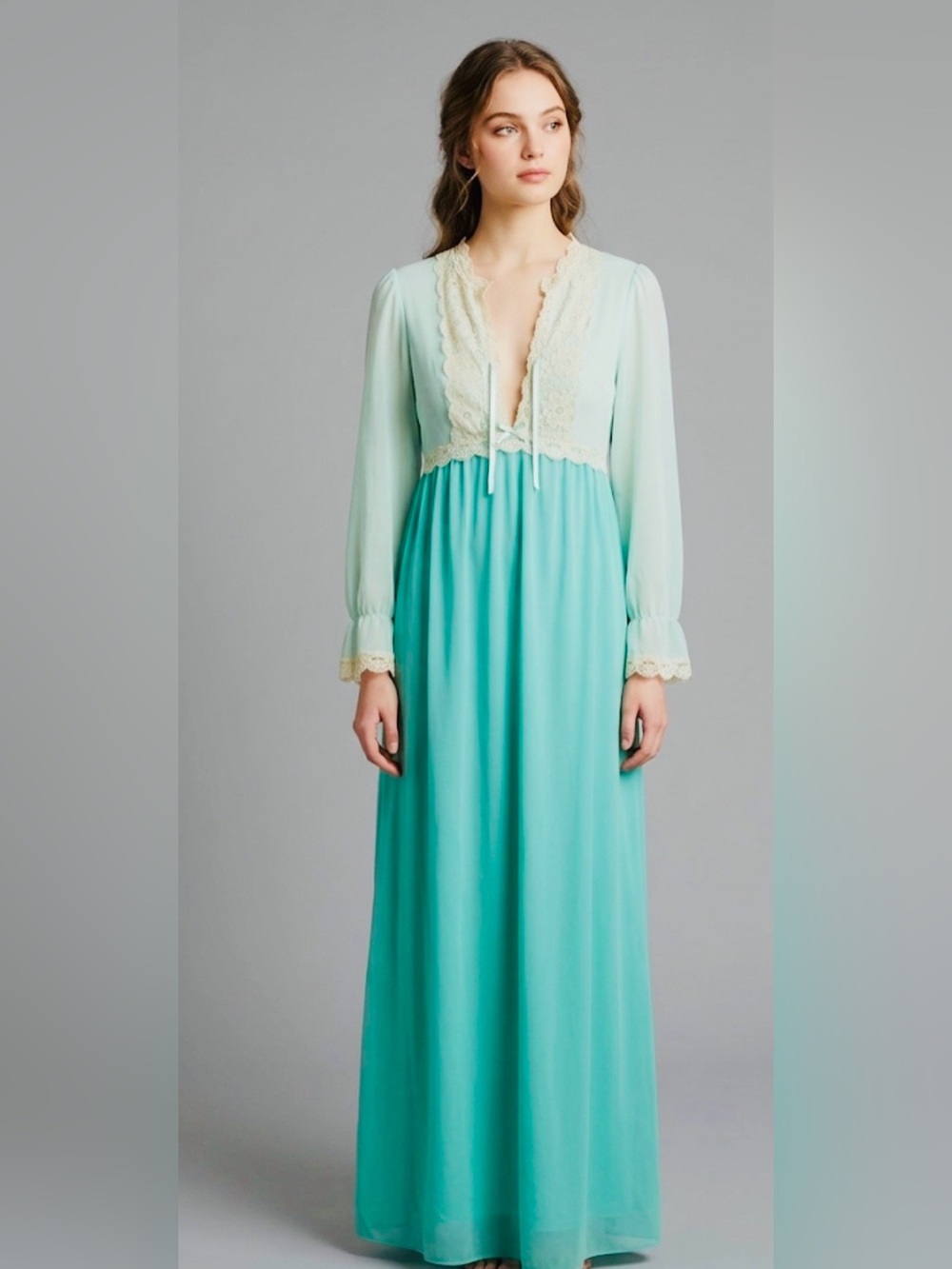 Vintage 70s Gilead Mint Green Lace Maxi Nightgown Dress Petite Small Made in USA